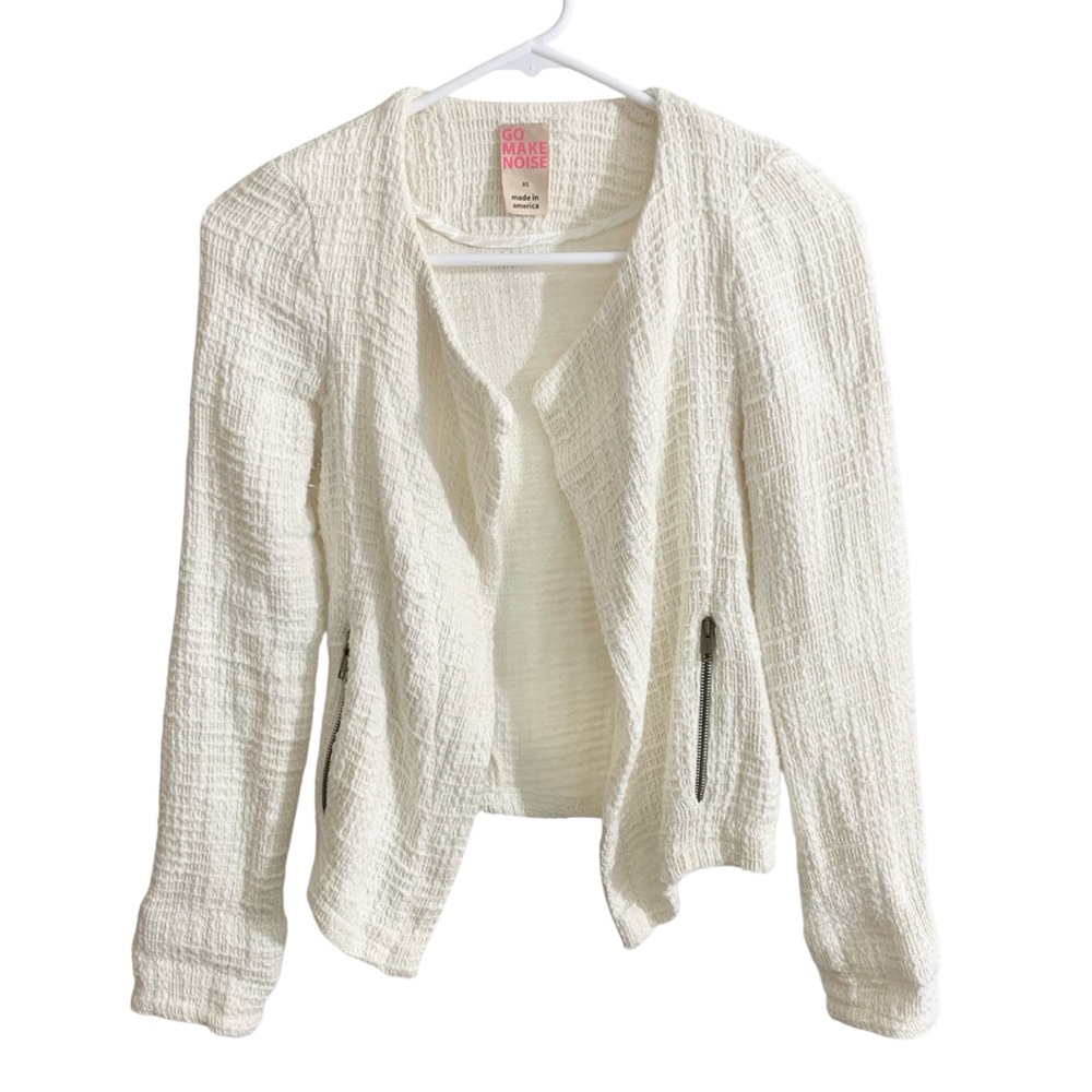 Go Make Noise Womens XS Waffle Knitted Blazer Open Front Silk Blend USA Made Wht